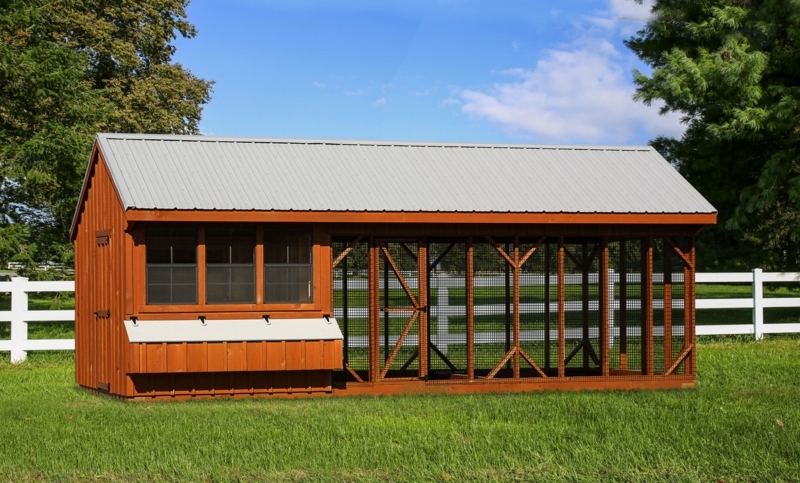 Chicken Coop Combination Design with Redwood Brown Stain and Metal Roof