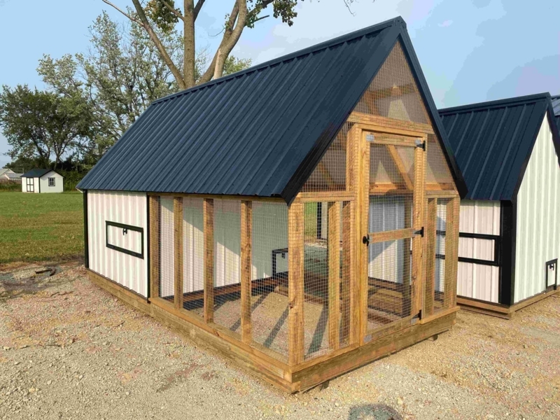 Chicken Coop featuring A-Frame Design, Black Metal Roof and Siding