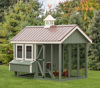 Chicken Coop Sage Green Farmhouse Coop with Run and Cupola Accent