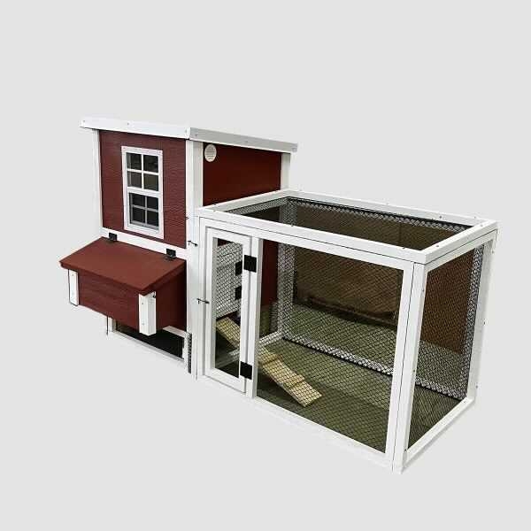 Chicken Coop with Barn Red Siding, White Trim Accents and Sloped Roof