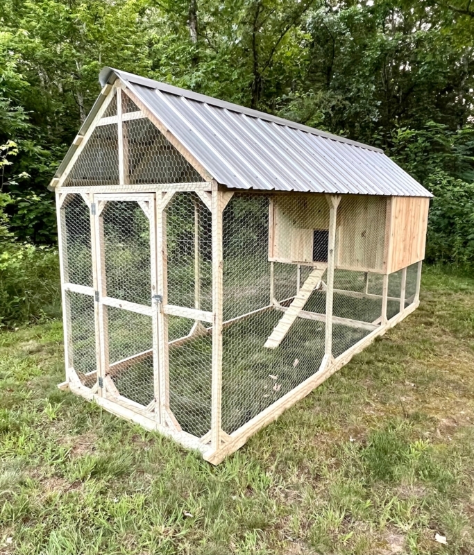 Chicken Coop with Elevated Nesting Box, Corrugated Metal and Walk-In Run