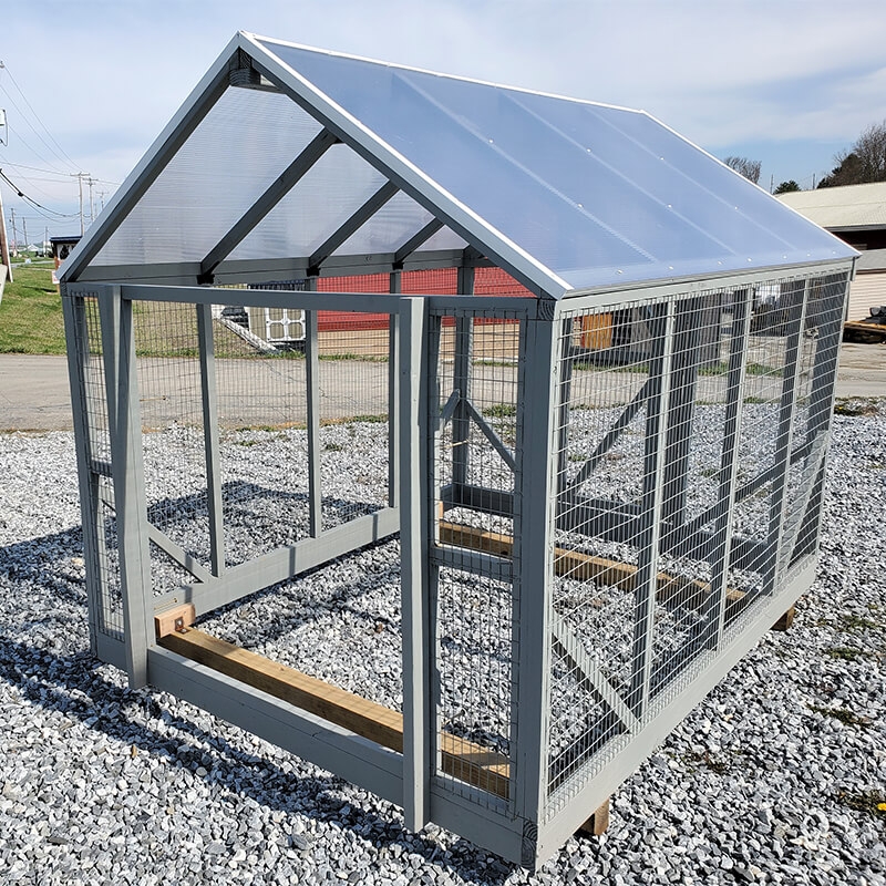 Chicken Run with Translucent Roof Panels and Light Gray Gabled Frame