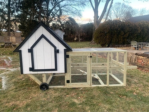 Chicken Tractor with Mobile Design, White House and Black Trim Accents