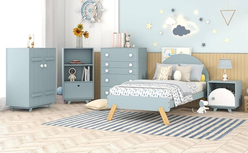 Children Bedroom Set Powder Blue Tapered Wood Legs Slatted Doors