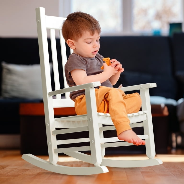 Childs Rocking Chair Solid White Slatted Backrest, White Nursery Rocker (75 chars)