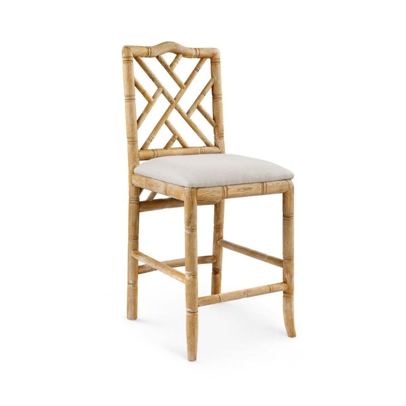 Chinoiserie Counter Stool with Faux Bamboo Frame and Fretwork Back