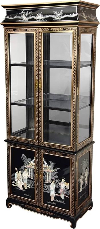 Chinoiserie Curio Cabinet Black Lacquer Mother of Pearl Courtyard