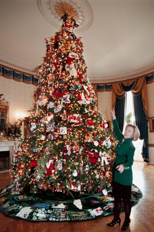 Christmas Tree: Floor to Ceiling, State Themed Skirt, Formal Blue Room