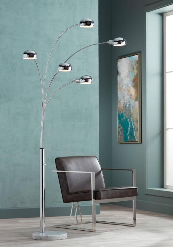 Chrome Arc Floor Lamp with Marble Base and Swivel Shades