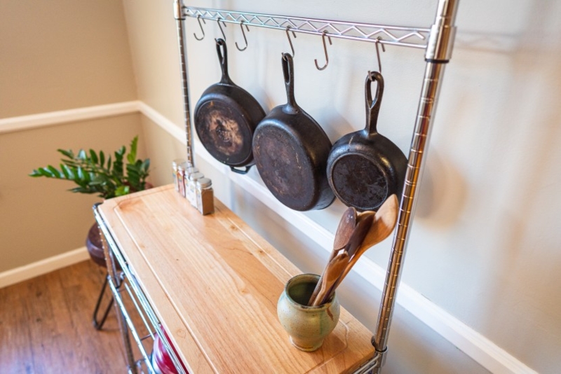 Chrome Bakers Rack with S-Hooks and Wooden Work Surface
