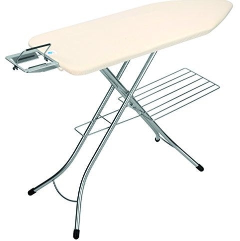 Chrome Finish Ironing Board with Integrated Laundry Rack and Beige Cover