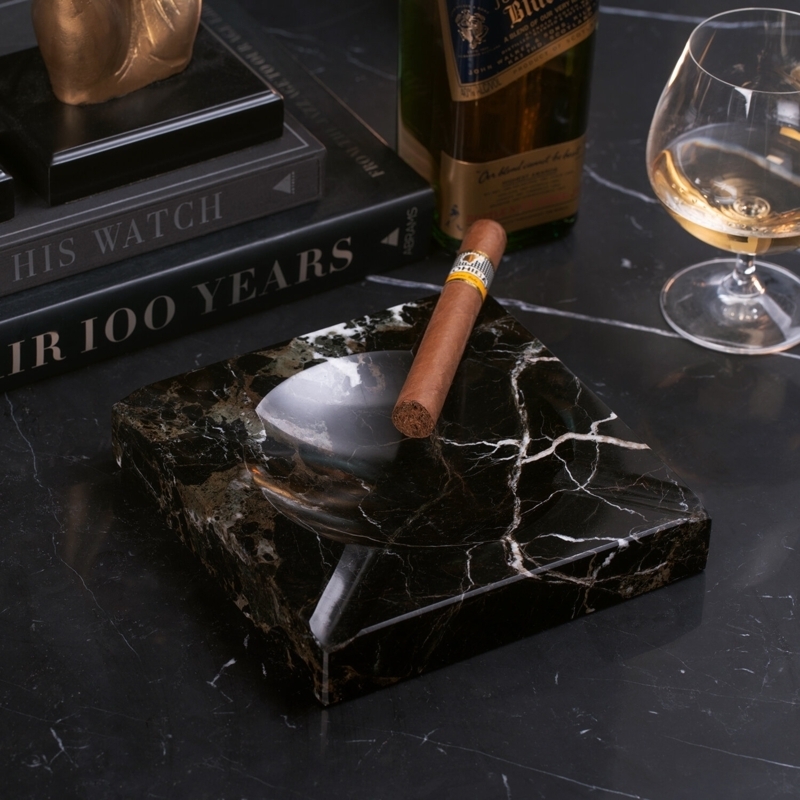 Cigar Ashtray Square Stone Block Polished Finish Natural Veining