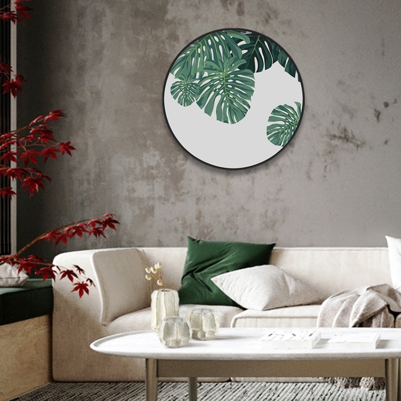 Circular Wall Art Monstera Leaf Print Botanical Motif Frame