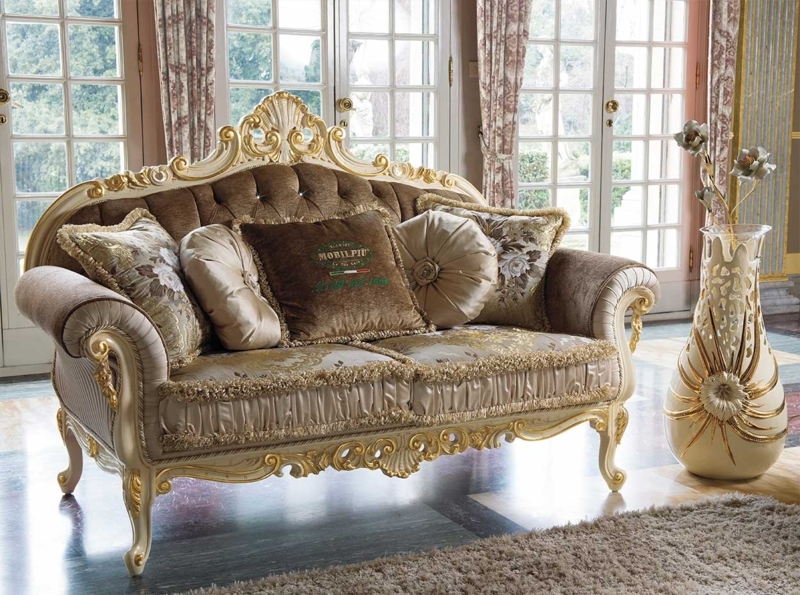 Classic Sofa Luxury Italian Baroque Gilded Shell Motif Button Tufted