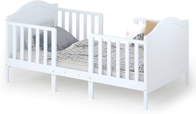 Classic Wood Toddler Bed with Side Guardrails and Curved Headboard