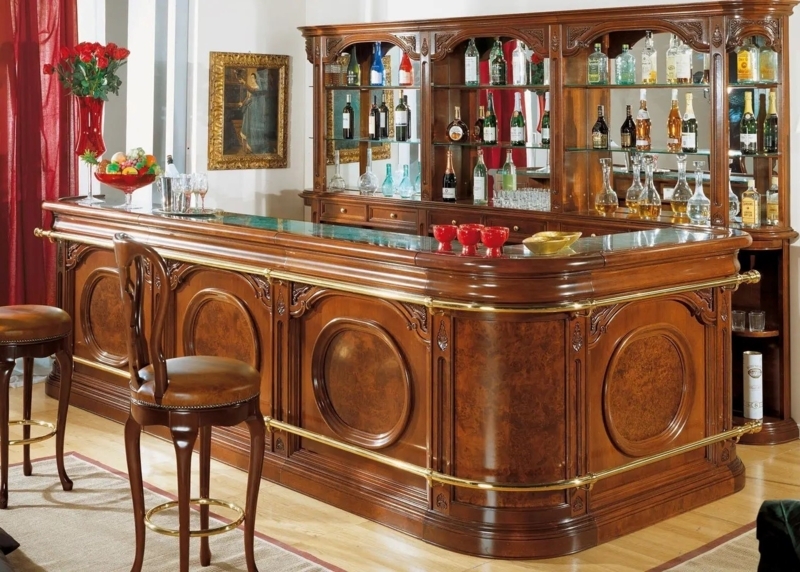 Classical Italian Home Bar Set L-Shape with Burl Wood Panels