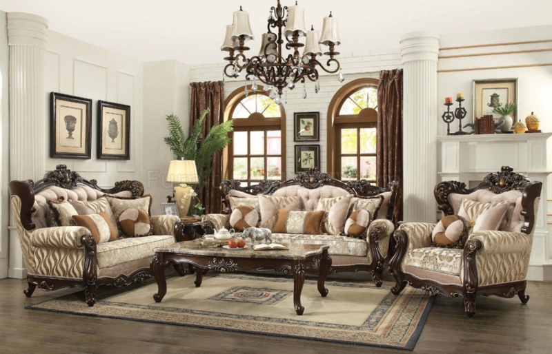 Classical Sofa Set Wingback Ornate Walnut Wood Formal Tufted Fabric