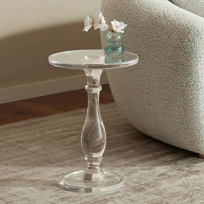 Clear Acrylic Pedestal Side Table Round Top Turned Leg Transitional