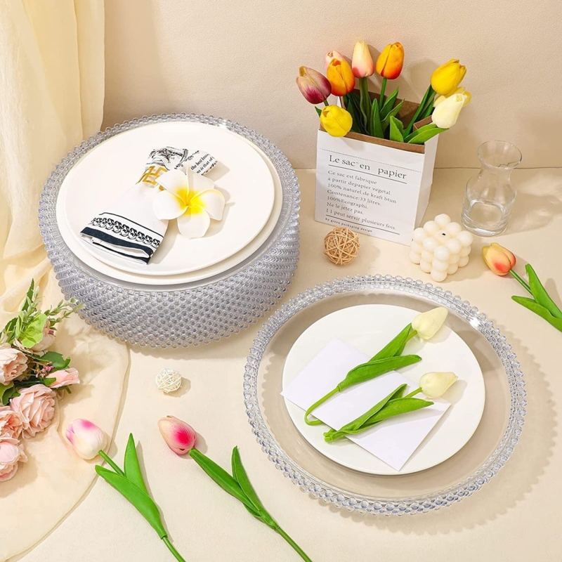 Clear Beaded Charger Plates with Transparent Border for Wedding Decor