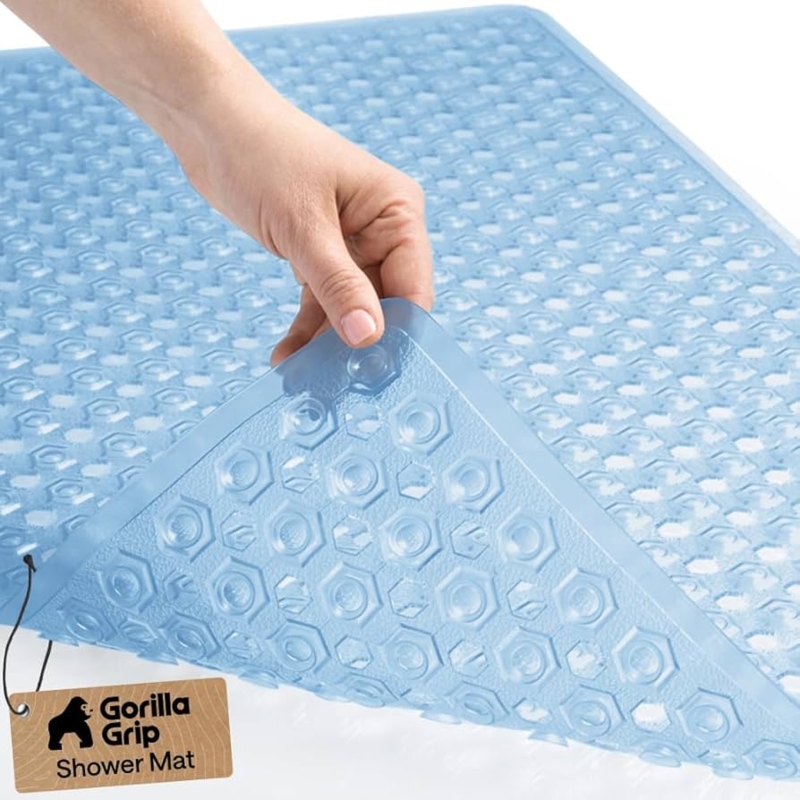 Clear Blue Shower Mat, Hexagonal Grip with Suction Cups