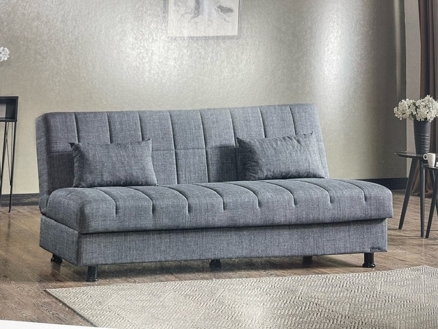 Click Clack Sofa Heathered Grey Vertical Tufting Matching Toss Pillows