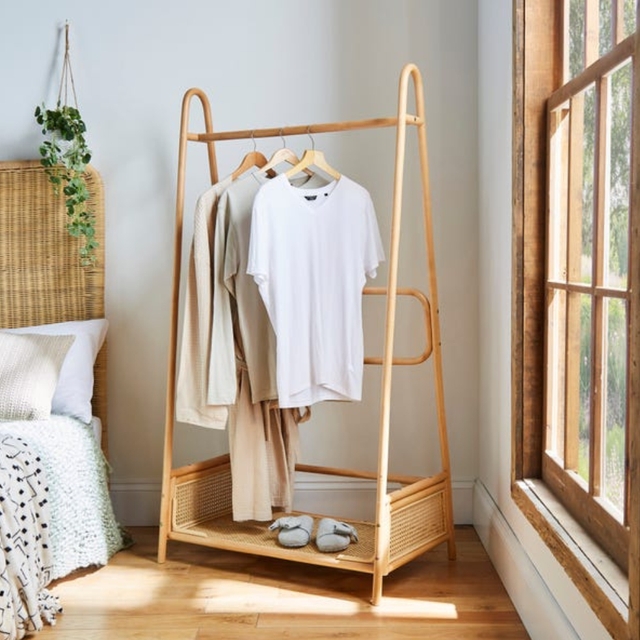 Clothes Rail with Woven Rattan Base & Curved A-Frame