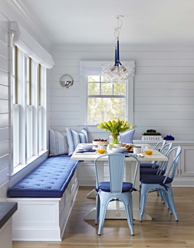Coastal Banquette Nook with Bubble Glass Chandelier