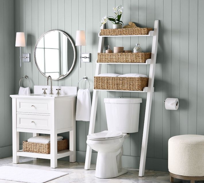 Coastal Bathroom Organization: White Leaning Ladder with Woven Baskets