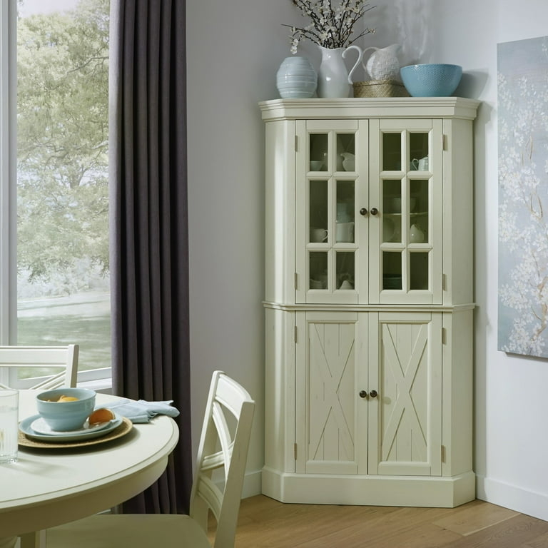 Coastal Farmhouse Corner Cabinet with X-Panel Doors in Off White