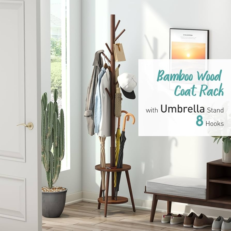 Coat Rack Bamboo Wood with 8 Hooks & Freestanding Umbrella Holder