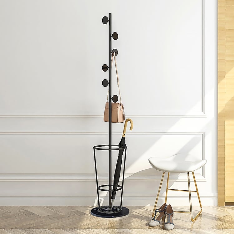 Coat Rack Black Metal with Round Disk Hooks & Wireframe Basket