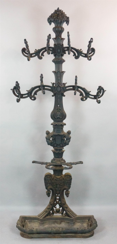 Coat Rack Gothic Revival Cast Iron Drip Tray Base Ornate Carvings