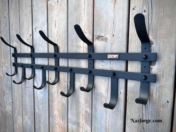 Coat Rack Hand Forged Iron Double Hooks Matte Black Powder Coated