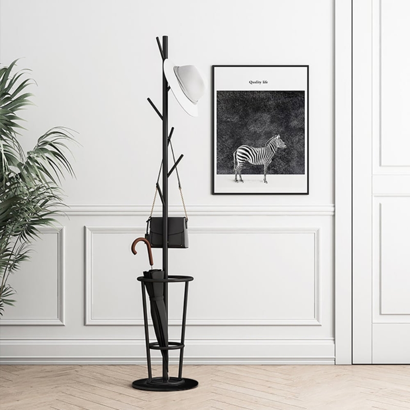Coat Rack Matte Black with Tree Branch Hooks & Umbrella Base