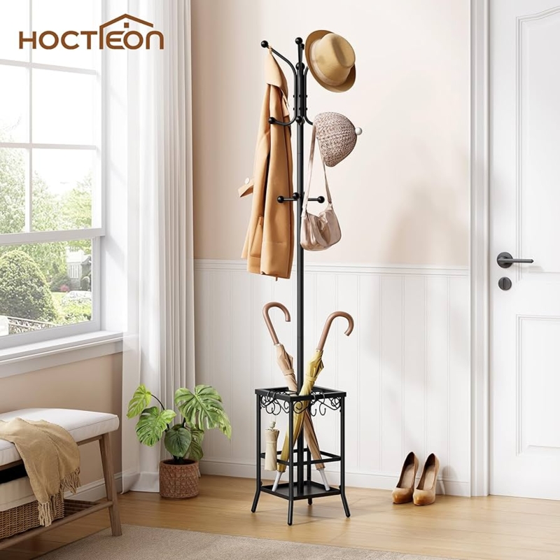 Coat Rack Metal Hat Stand with Scrolling Metalwork & 12 Hooks