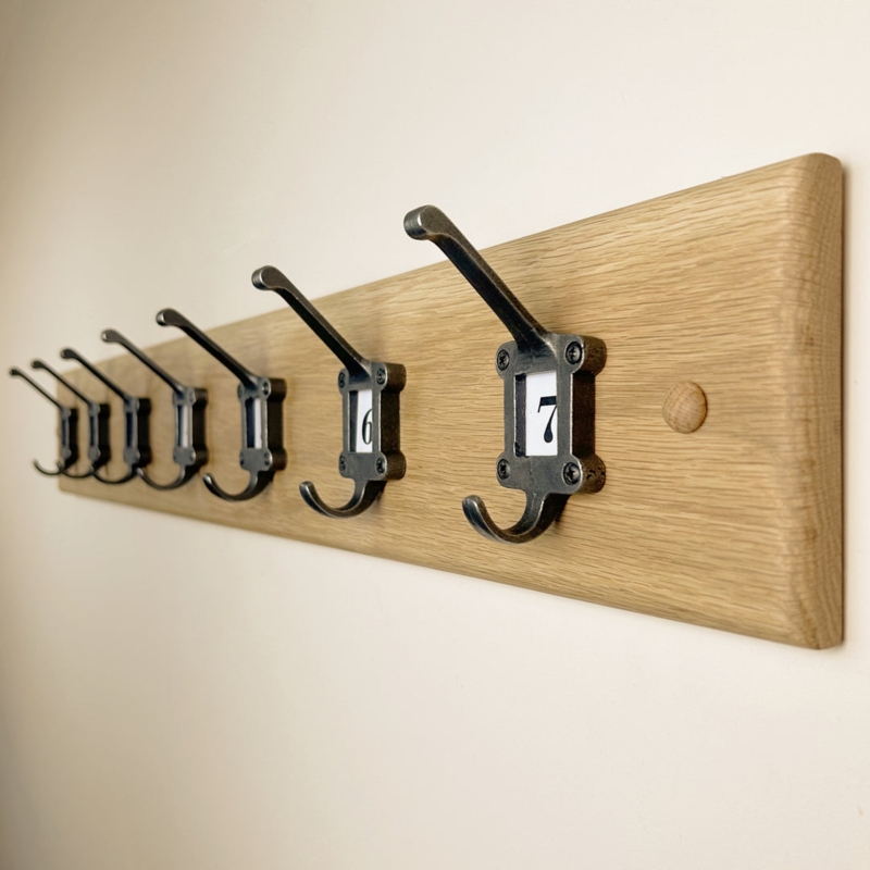 Coat Rack Solid Oak Base Numbered Label Holders Cast Iron School Hooks