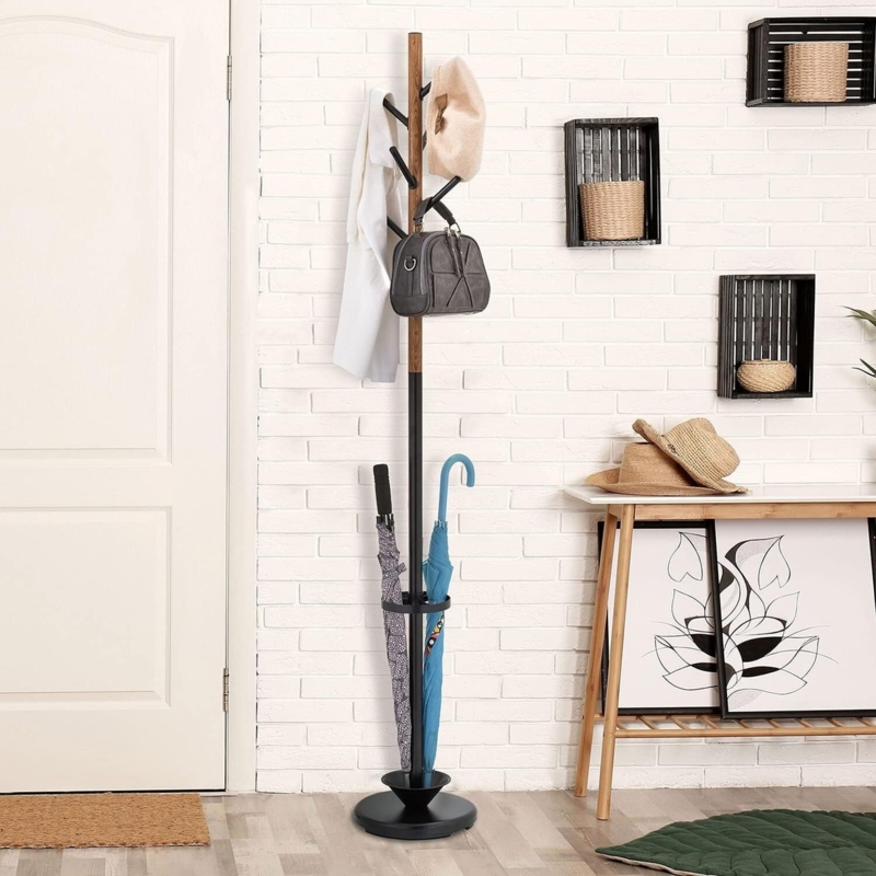 Coat Rack Umbrella Stand with Faux Wood Accents & Round Base