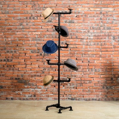 Coat Rack Urban Loft Pipe Fittings Staggered Arms Wood Toned Caps