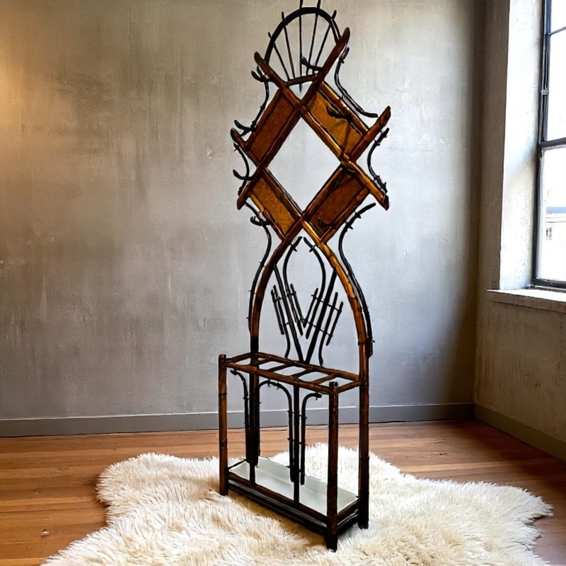 Coat Rack Victorian Bamboo with Diamond Amber Panels & Well