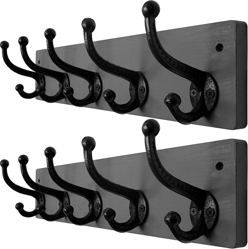 Coat Rack Wall Mounted Slate Gray Base Double Prong Design Ball Tips