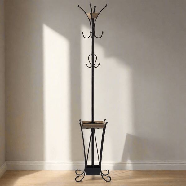 Coat Rack with Integrated Trays, Scrolled Feet & Umbrella Basin