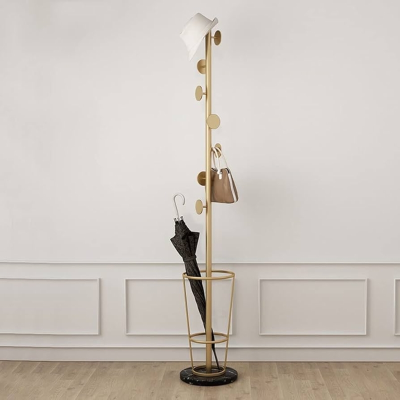 Coat Rack with Marble Base, Disk Hooks & Gold Entryway Stand