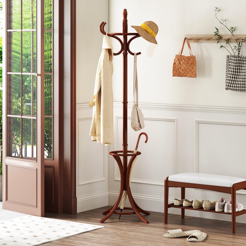 Coat Rack Wooden Tree with Turned Finial, Umbrella Holder & Hooks