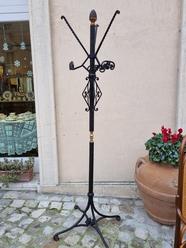Coat Rack Wrought Iron Diamond Scrollwork Twisted Hooks Gold Accents