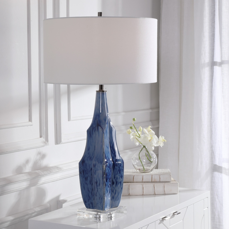 Cobalt Blue Faceted Table Lamp, Coastal Modern