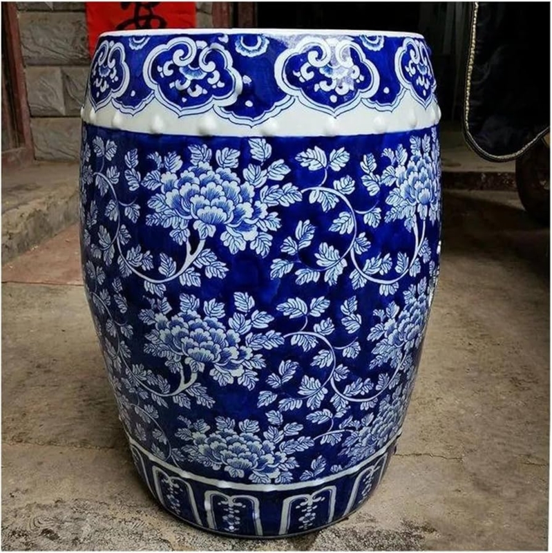 Cobalt Blue Garden Stool with Intricate Peony Pattern
