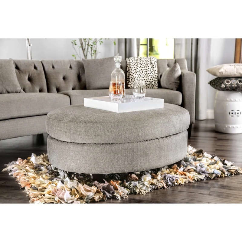 Cocktail Ottoman Oval Shape Heathered Grey Fabric with Two Tier Design