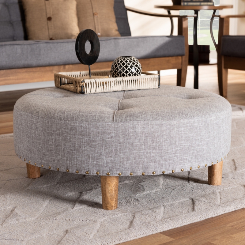 Cocktail Ottoman Round Light Gray Fabric with Brass Nailhead Trim