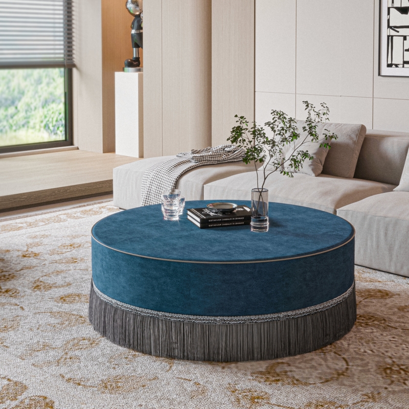 Cocktail Ottoman Round Oversized with Teal Blue Fringe Trim