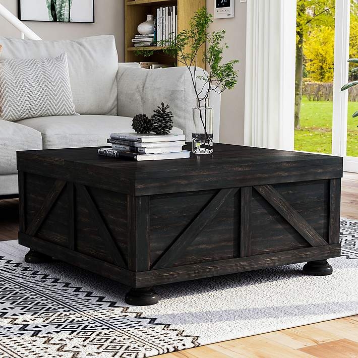Coffee Table Antique Black X Brace Sides Storage Base Farmhouse